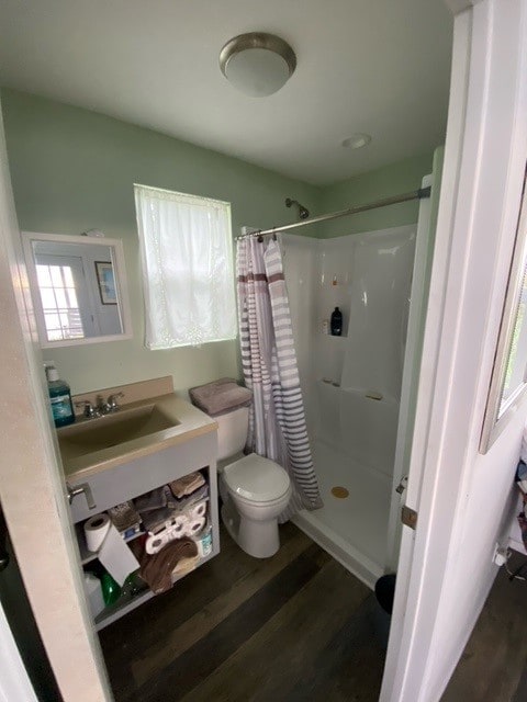 bathroom with wood-type flooring, toilet, curtained shower, and vanity