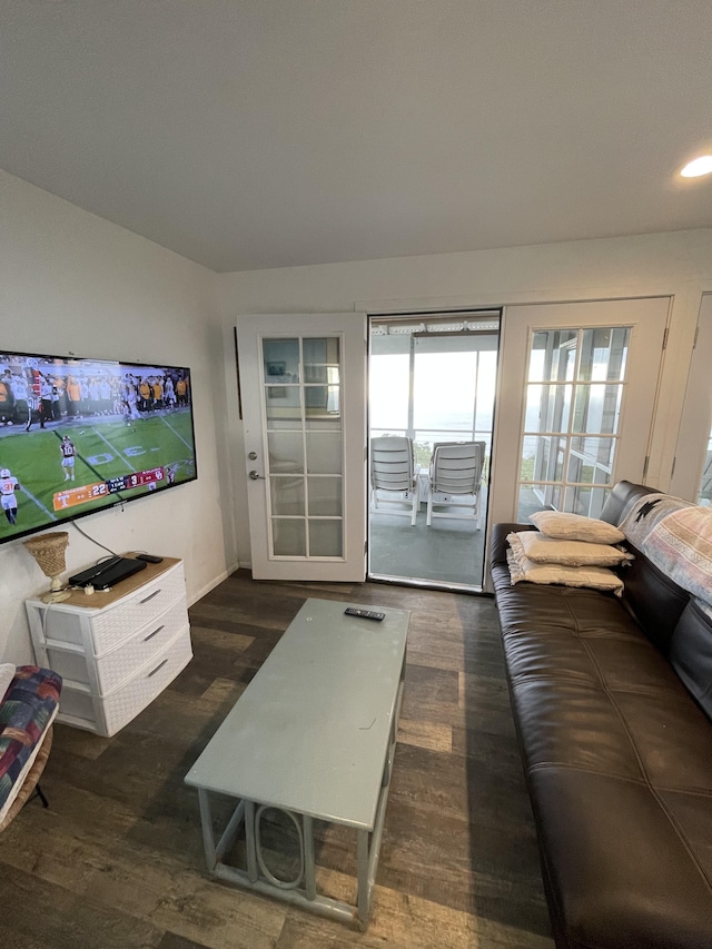 living room with dark hardwood / wood-style flooring