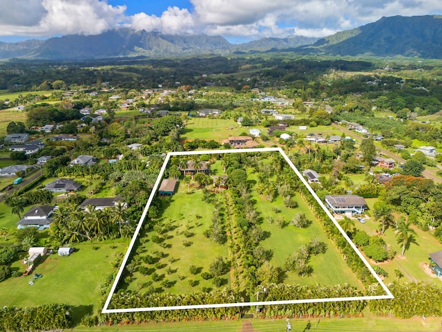 drone / aerial view featuring a mountain view