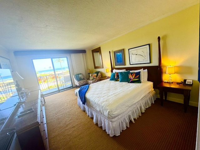 bedroom featuring carpet flooring, access to outside, and a textured ceiling