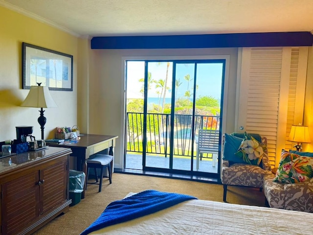 bedroom with crown molding, access to exterior, and light carpet