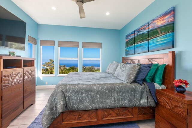 bedroom with a ceiling fan and recessed lighting