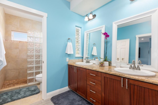 bathroom featuring double vanity, a sink, and walk in shower