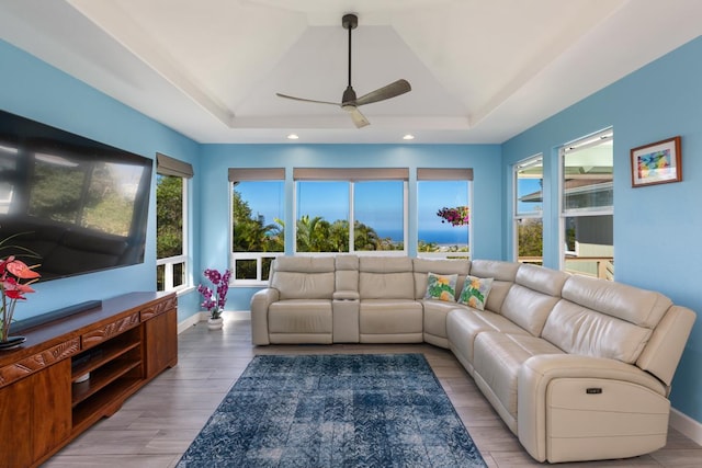 living area with light wood-style floors, a raised ceiling, and a healthy amount of sunlight