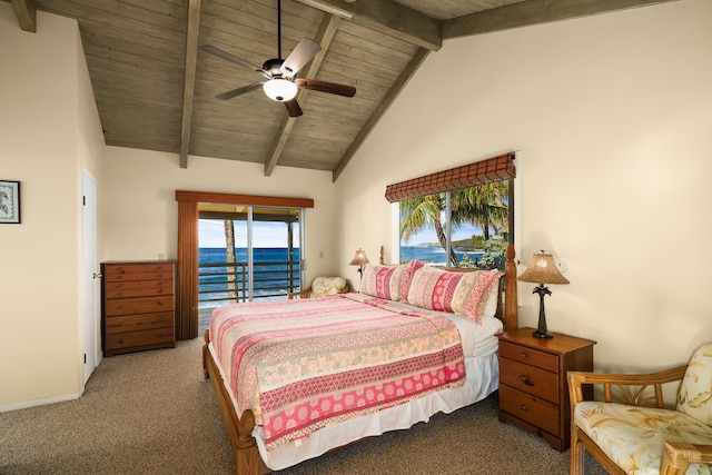 bedroom featuring beam ceiling, a water view, high vaulted ceiling, dark colored carpet, and access to exterior