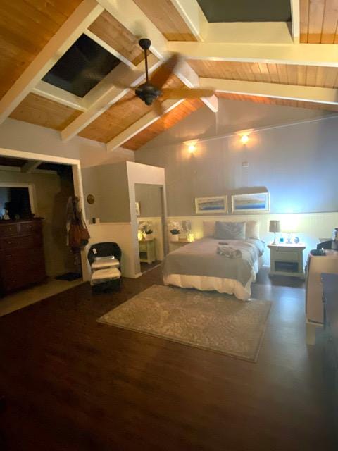 bedroom featuring lofted ceiling with beams, wood ceiling, and wood finished floors