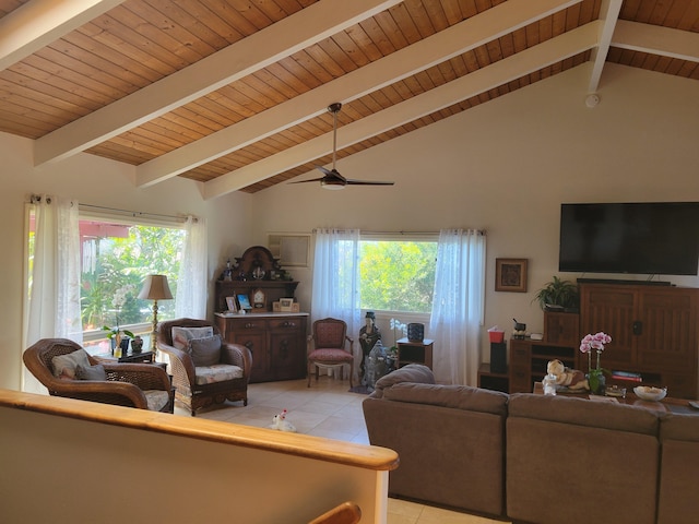 living area featuring light tile patterned floors, a ceiling fan, a healthy amount of sunlight, and lofted ceiling with beams