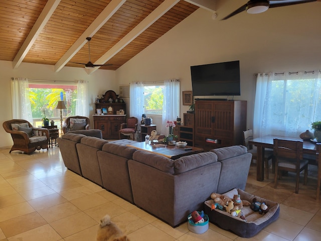 tiled living room with wooden ceiling, beamed ceiling, a ceiling fan, and high vaulted ceiling