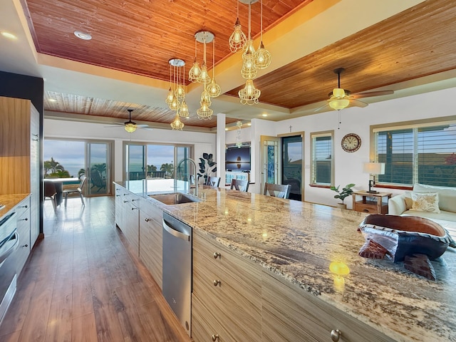 kitchen featuring dishwasher, decorative light fixtures, wooden ceiling, a tray ceiling, and sink