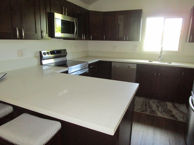 kitchen with sink, a breakfast bar area, dark brown cabinetry, kitchen peninsula, and stainless steel appliances