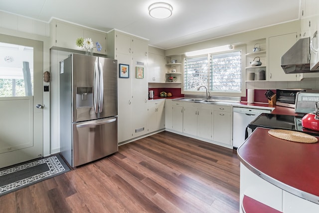 kitchen with dishwasher, stainless steel fridge with ice dispenser, white cabinetry, open shelves, and a wealth of natural light