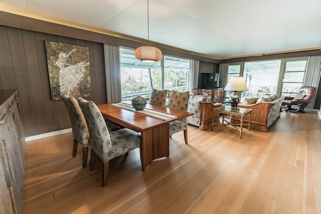 dining room featuring wood walls and wood finished floors