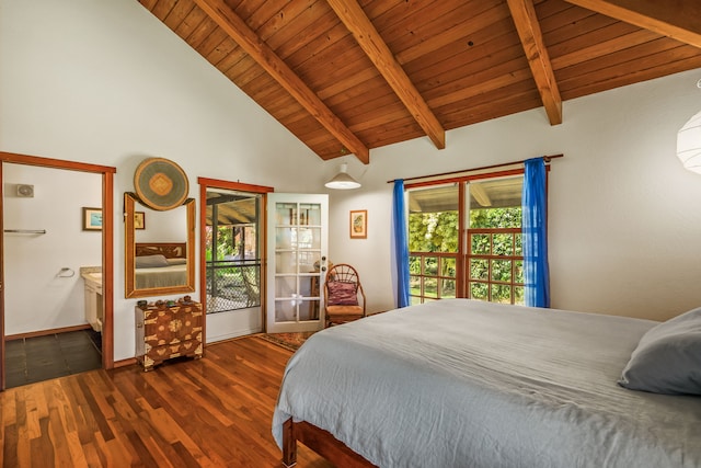 bedroom with ensuite bath, wood ceiling, dark wood-style flooring, high vaulted ceiling, and beam ceiling