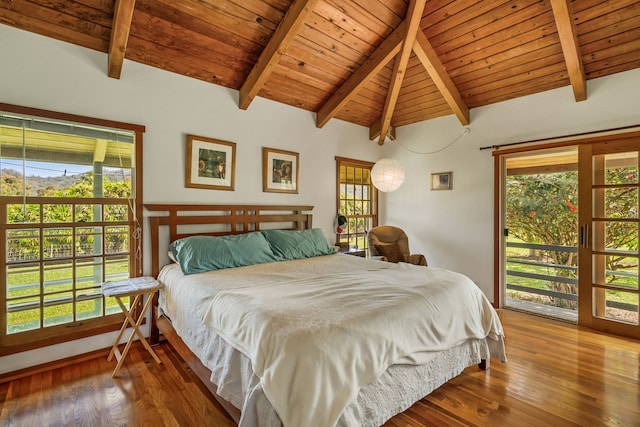 bedroom with wood ceiling, vaulted ceiling with beams, and wood finished floors