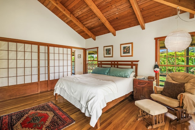 bedroom featuring wooden ceiling, dark wood finished floors, beam ceiling, and access to exterior