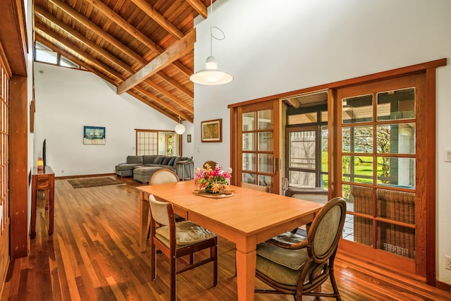 dining space with wood ceiling, wood finished floors, high vaulted ceiling, beamed ceiling, and baseboards