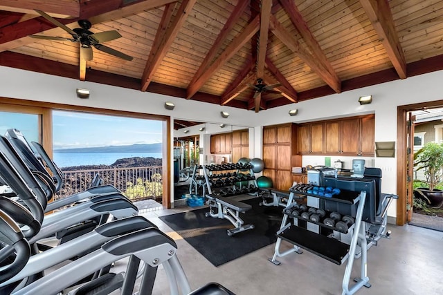 exercise room with a water view, high vaulted ceiling, wooden ceiling, and ceiling fan