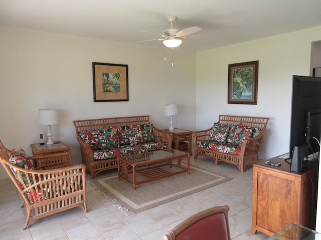 living room with light tile patterned flooring and ceiling fan