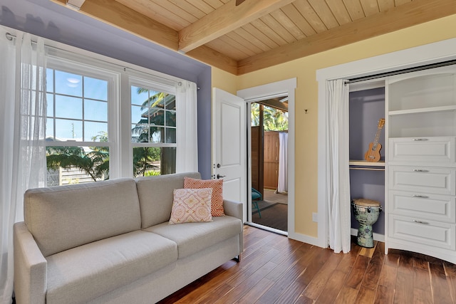 sunroom with wooden ceiling and beam ceiling