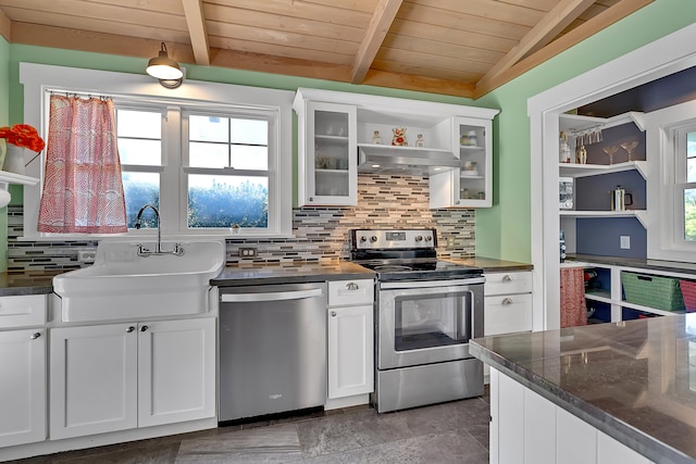 kitchen with sink, white cabinetry, wood ceiling, appliances with stainless steel finishes, and backsplash