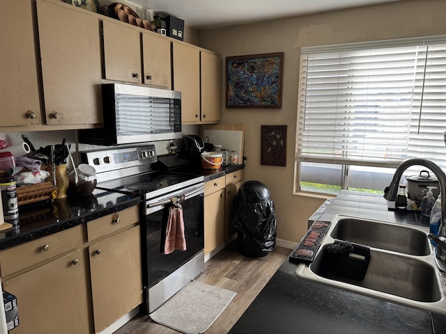 kitchen with stainless steel appliances, sink, and light hardwood / wood-style floors