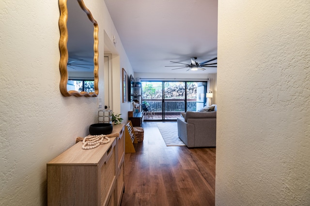 hall featuring dark wood-type flooring and a textured wall