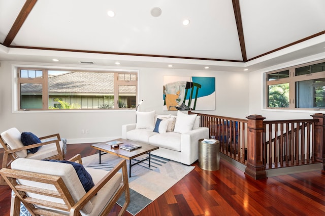 living room with vaulted ceiling and dark hardwood / wood-style flooring