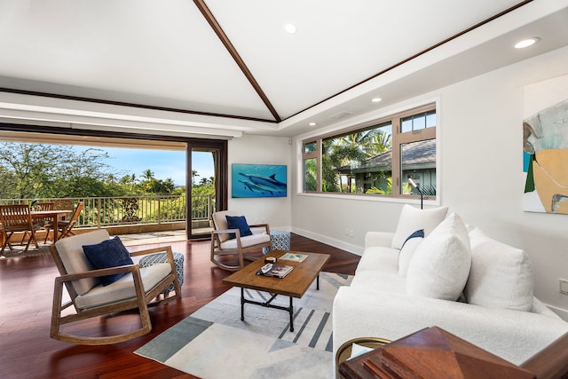 living room featuring lofted ceiling and hardwood / wood-style floors