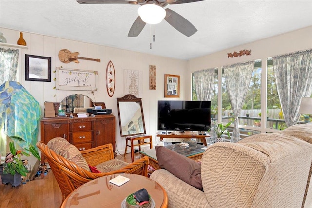 living room featuring a ceiling fan, a textured ceiling, and wood finished floors