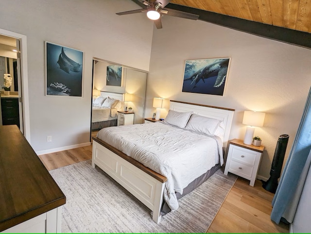 bedroom with high vaulted ceiling, light hardwood / wood-style flooring, and wood ceiling