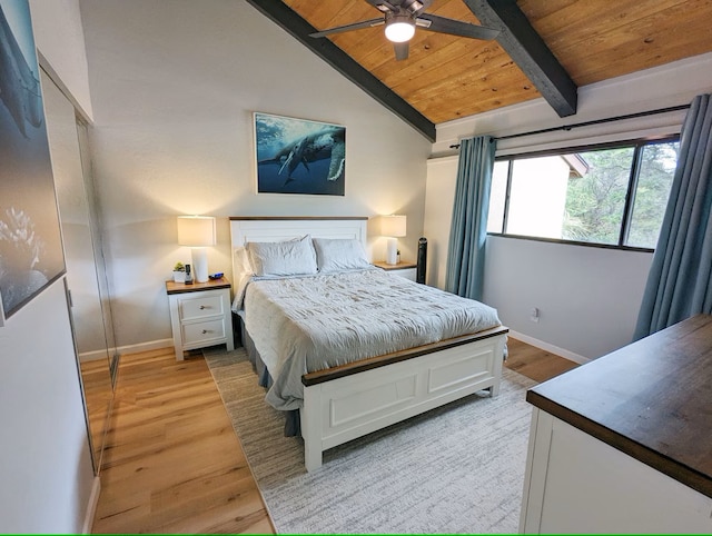 bedroom with lofted ceiling with beams, light hardwood / wood-style floors, and wooden ceiling