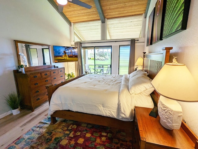 bedroom with beam ceiling, access to exterior, wooden ceiling, wood-type flooring, and high vaulted ceiling