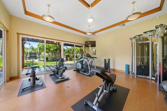 gym featuring a tray ceiling, wood finished floors, visible vents, and baseboards