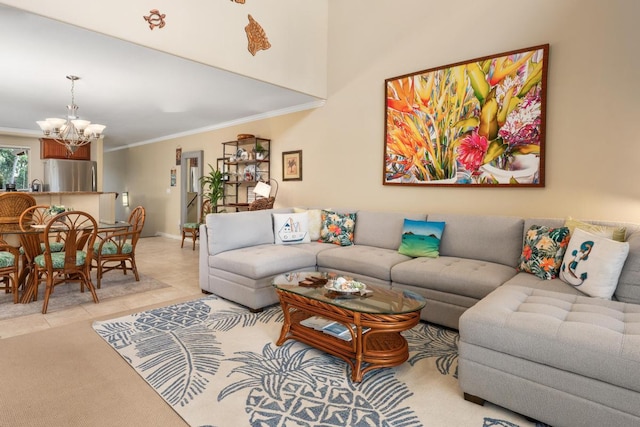 living room featuring ornamental molding and a chandelier