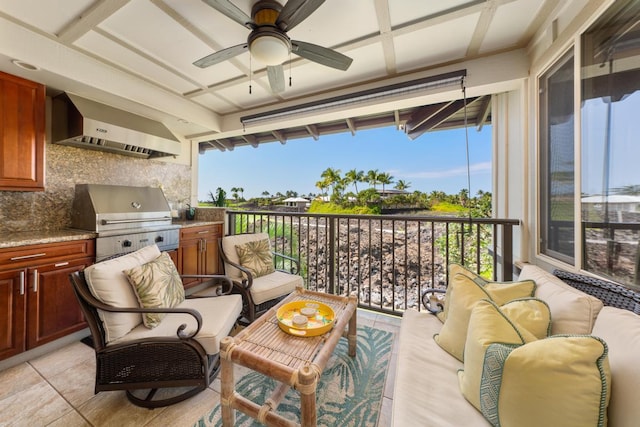 view of patio featuring area for grilling, a grill, an outdoor hangout area, and a ceiling fan