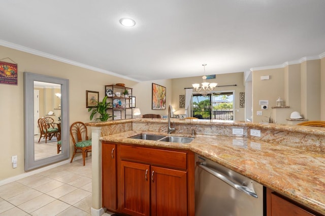 kitchen with dishwasher, ornamental molding, light tile patterned floors, a notable chandelier, and a sink