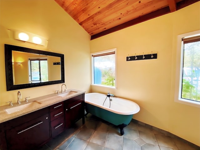 bathroom with wood ceiling, a tub to relax in, lofted ceiling, and a healthy amount of sunlight