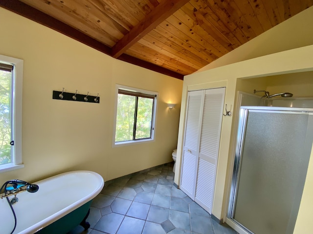 bathroom with tile patterned flooring, vaulted ceiling with beams, wood ceiling, and walk in shower