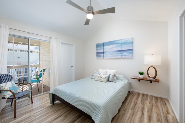 bedroom featuring ceiling fan, baseboards, vaulted ceiling, access to outside, and light wood finished floors