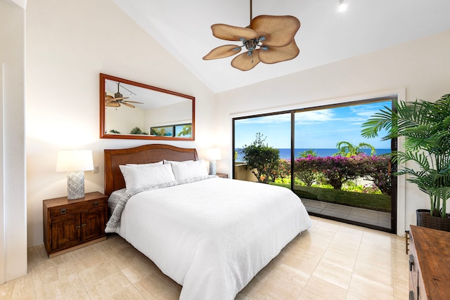 bedroom featuring a ceiling fan, access to outside, and vaulted ceiling