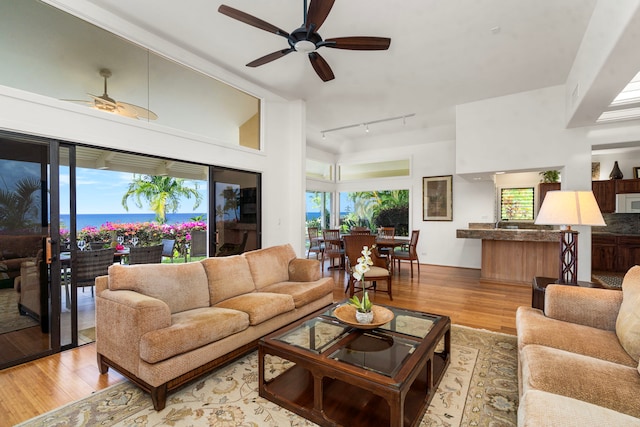 living room featuring light wood-style floors, rail lighting, and ceiling fan