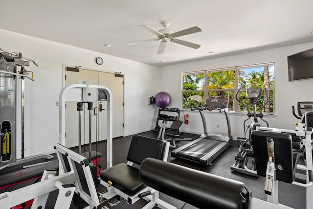 gym featuring ceiling fan