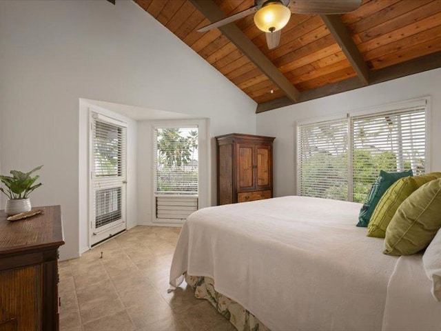 bedroom featuring beam ceiling, wooden ceiling, high vaulted ceiling, a ceiling fan, and access to outside