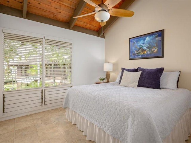 bedroom with a ceiling fan, wood ceiling, and vaulted ceiling with beams