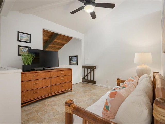 living room featuring wooden ceiling, a ceiling fan, lofted ceiling with beams, and baseboards