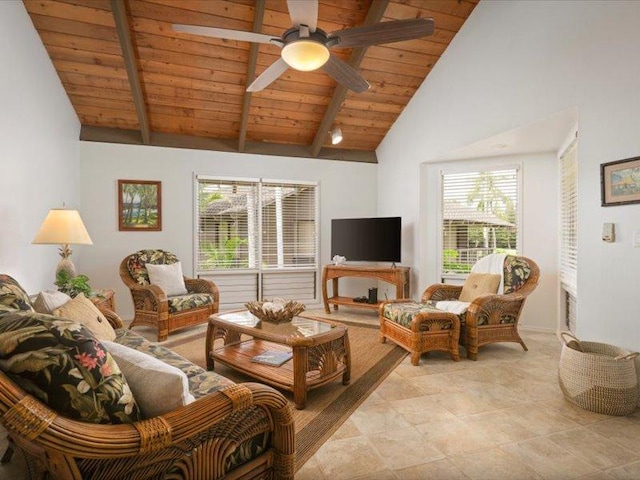 living area featuring light tile patterned floors, a ceiling fan, high vaulted ceiling, beam ceiling, and wood ceiling