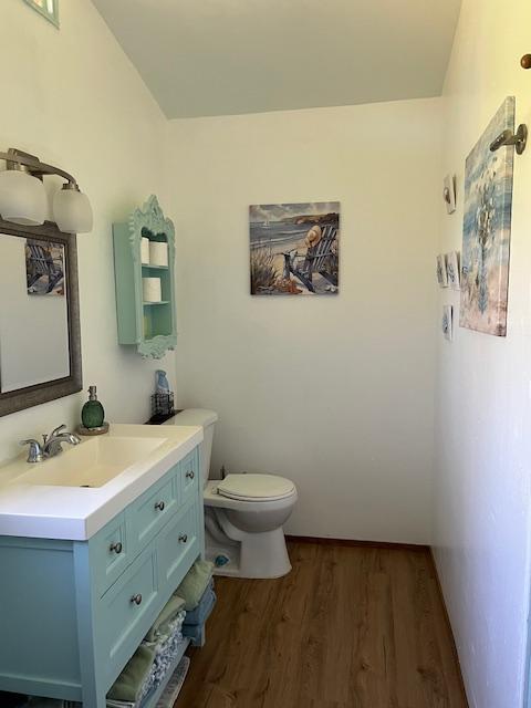 bathroom with toilet, hardwood / wood-style flooring, and vanity