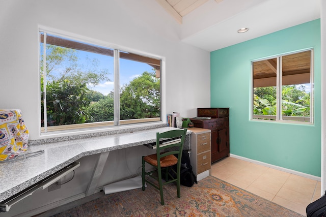 home office featuring light tile patterned floors, baseboards, and recessed lighting