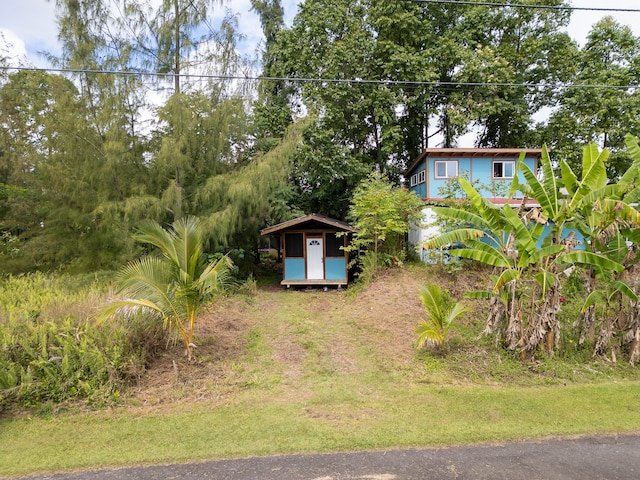 view of yard featuring an outbuilding and a storage unit