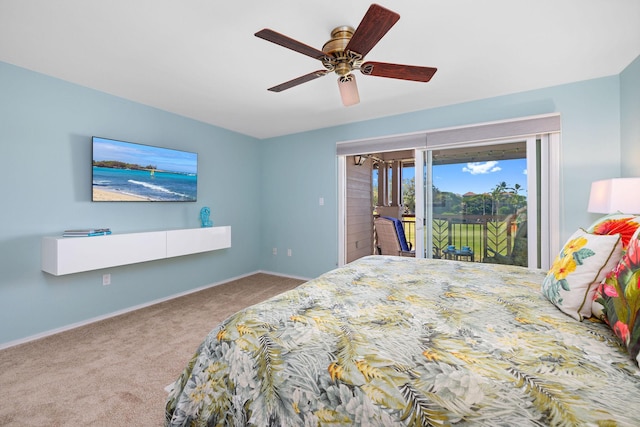 bedroom with baseboards, carpet, a ceiling fan, and access to exterior